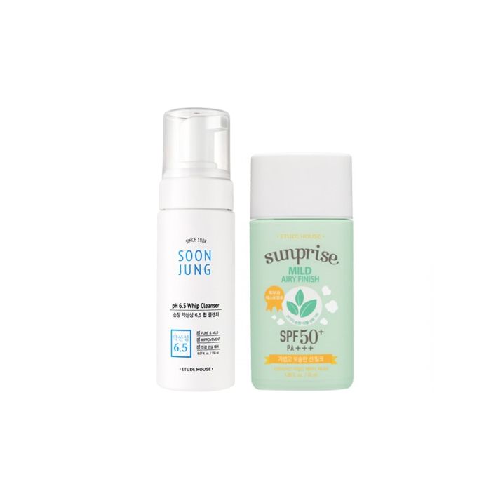 ETUDE - Sunprise Mild Airy Finish Sunscreen SPF50+ PA+++ - 55ml (1ea) + Soon Jung pH 6.5 Whip Cleanser - 150ml (1ea) Set