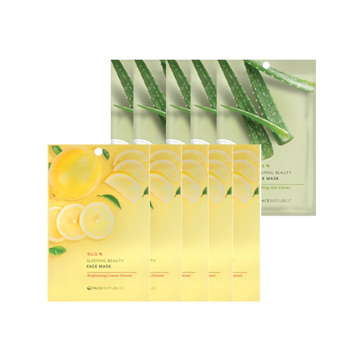 face republic - Sleeping Beauty Face Mask - 23ml - Soothing Aloe Extract (5ea) + Sleeping Beauty Face Mask - 23ml - Brightening Lemon Extract (5ea) set