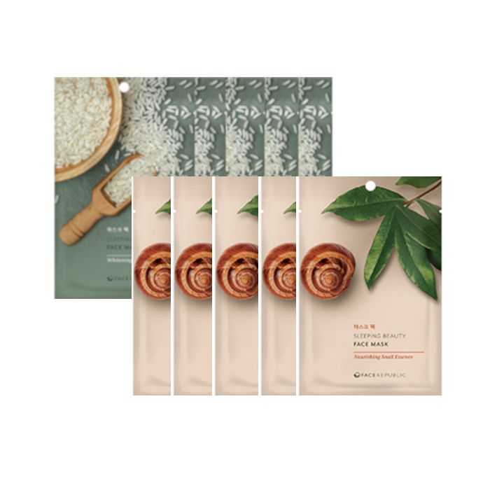 face republic - Sleeping Beauty Face Mask - 23ml - Whitening Rice Formula (5ea) + Sleeping Beauty Face Mask - 23ml - Nourishing Snail Essence (5ea) set